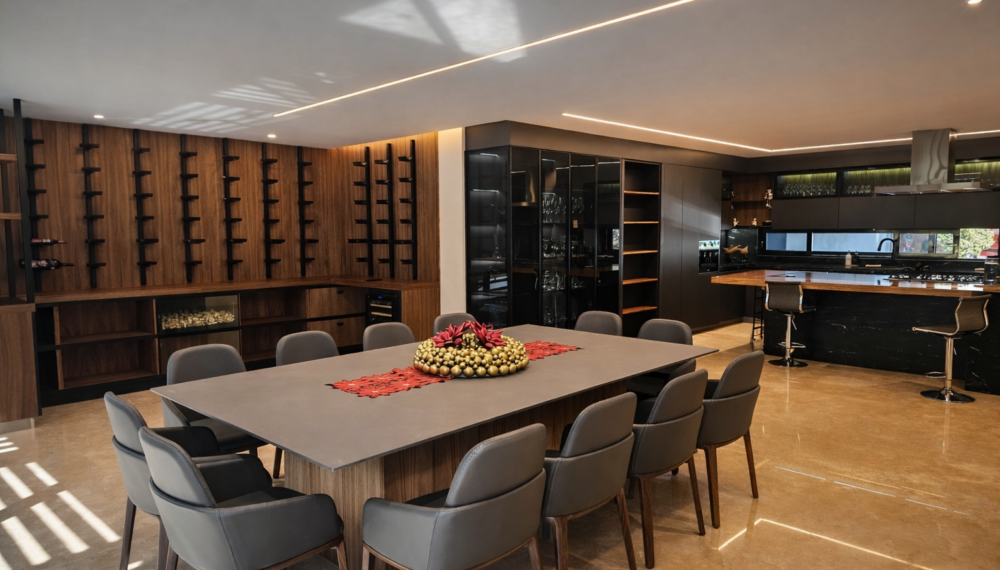 Diseño de interiores para comedor y cocina con iluminación ambiental para proyecto residencial H18