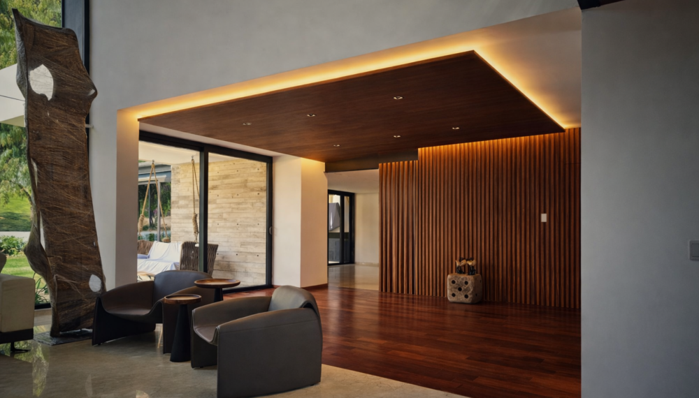 Diseño de interiores para estancia con iluminación ambiental para proyecto residencial H18