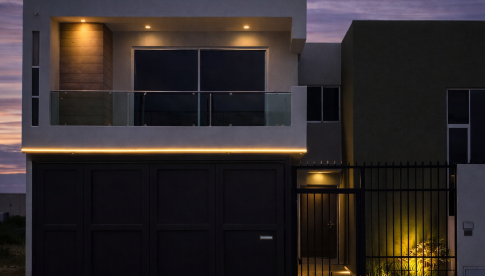 Diseño de fachada exterior con iluminación ambiental para proyecto residencial Apia