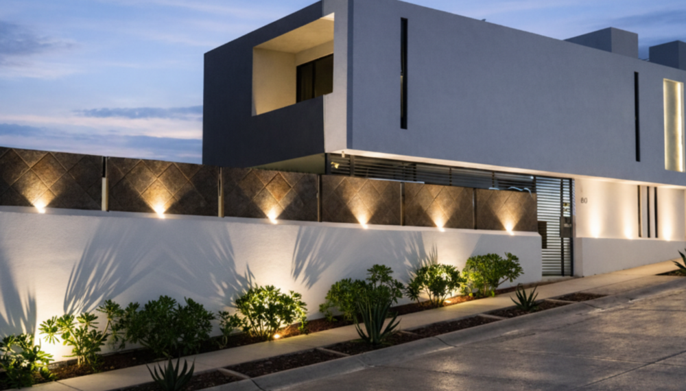 Diseño de fachada exterior con iluminación ambiental para proyecto residencial Eros