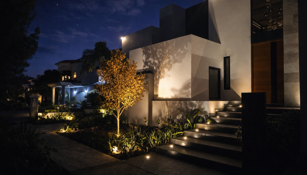 Diseño de fachada exterior con iluminación ambiental para proyecto residencial H18