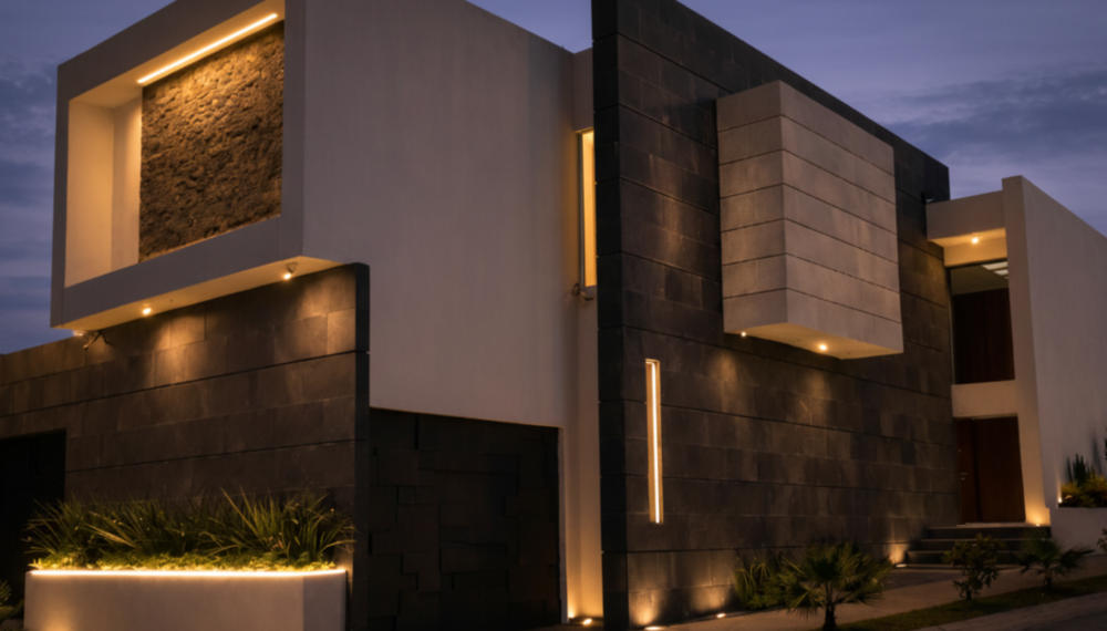 Diseño de fachada exterior con iluminación ambiental para proyecto residencial Micenas