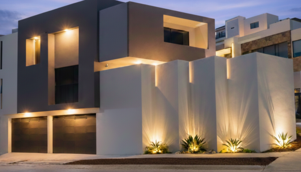 Diseño de fachada exterior con iluminación ambiental para proyecto residencial Prometeo